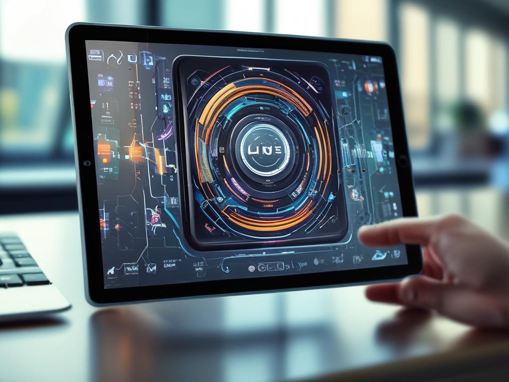A hyper-realistic close-up of a modern AI interface displayed on a sleek tablet, with a blurred background of a high-tech office environment. The design features vibrant colors with an emphasis on the primary color rgb(2, 86, 197), showcasing data analytics and machine learning visuals.