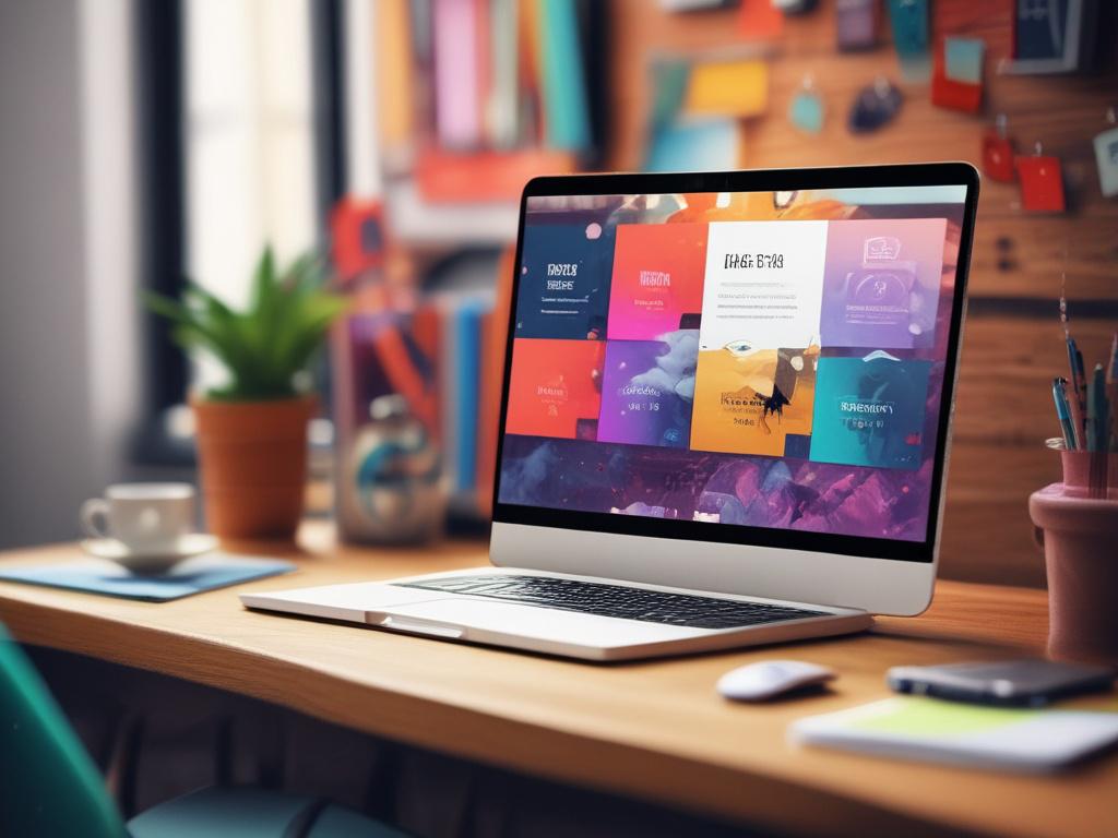 A close-up shot of a beautifully designed website on a laptop screen, showcasing vibrant colors and a modern layout, with a blurred background of a creative workspace, shot with a 45mm f/1.2 lens style.