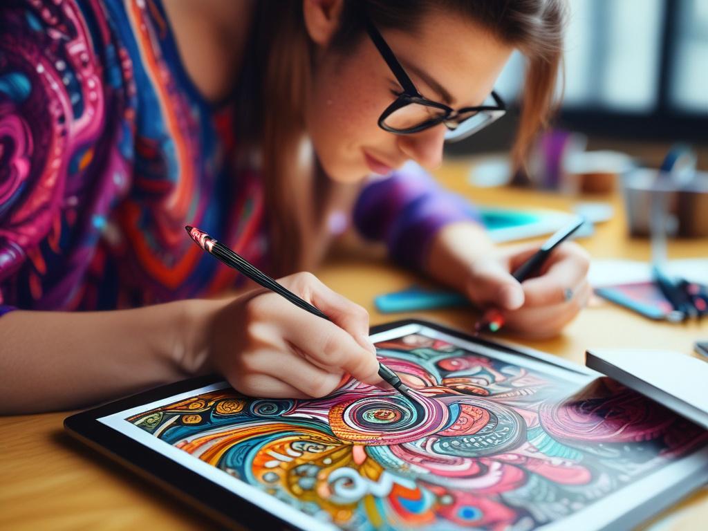 A close-up shot of a graphic designer working on a modern digital tablet, showcasing vibrant colors and intricate designs. The background should be a softly blurred creative workspace with elements like design sketches and color palettes visible. The overall composition should focus on the designer's hands and the tablet screen, captured in high-resolution with a 45mm f/1.2 lens, emphasizing the artistic process.